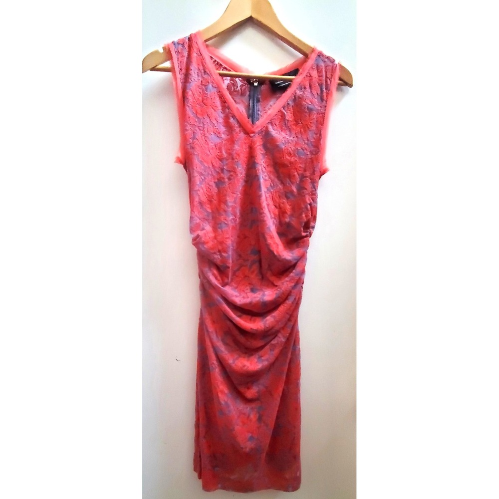 Hilton Hollis Dress M Coral/Gray Blue Lace Floral Semi Sheer Gathered Body Con
